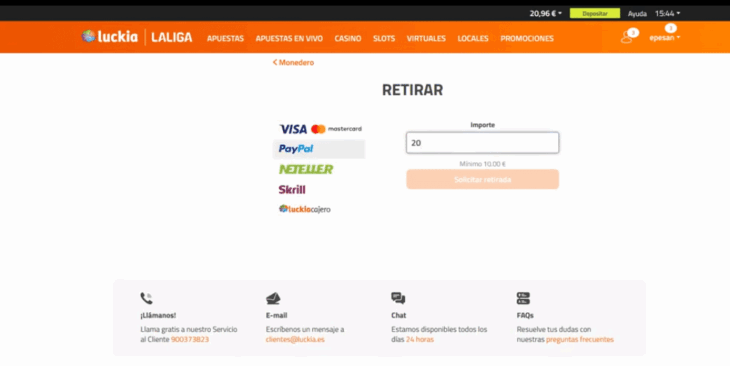 Retirada de fondos en Luckia tras depositar con Bizum.
