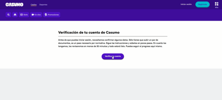 El casino nos informa de que debemos verificar la identidad.